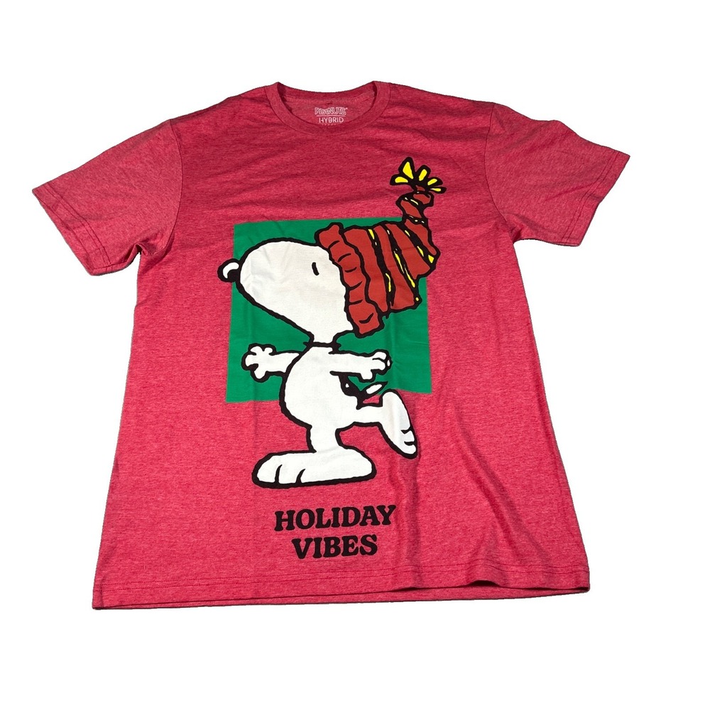 Peanuts Snoopy Holiday Vibes Graphic Tee Red Mens Size M Christmas T-Shirt